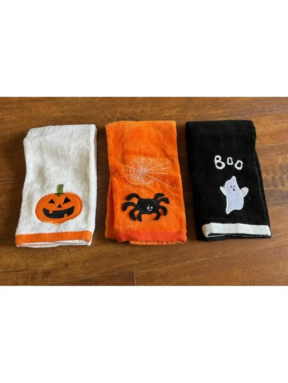 Set of 3 Halloween Themed Hand Towels with Pumpkin, Spider, and Ghost Designs